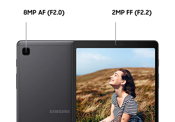 Samsung ne fournit que très peu de détails sur les caméras de la Galaxy Tab A7 Lite, certainement parce qu'ils ne sont pas le fleuron de la tablette. La caméra selfie a une résolution de 2 MP et la caméra principale de 8 MP.
