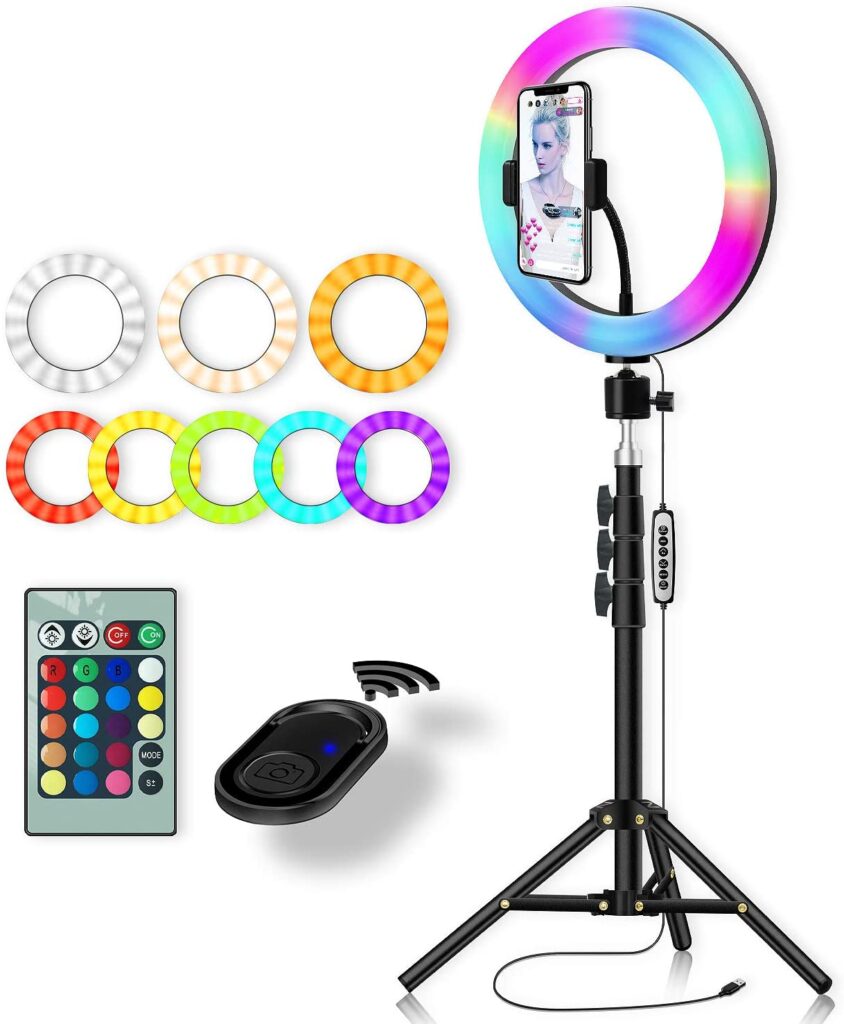 Kit d'éclairage annulaire RVB Yingnuost : anneau lumineux LED de 25,4 cm à intensité variable avec trépied de 160 cm et support pour iPad pour photographie, maquillage, prise de vue vidéo YouTube, selfie.