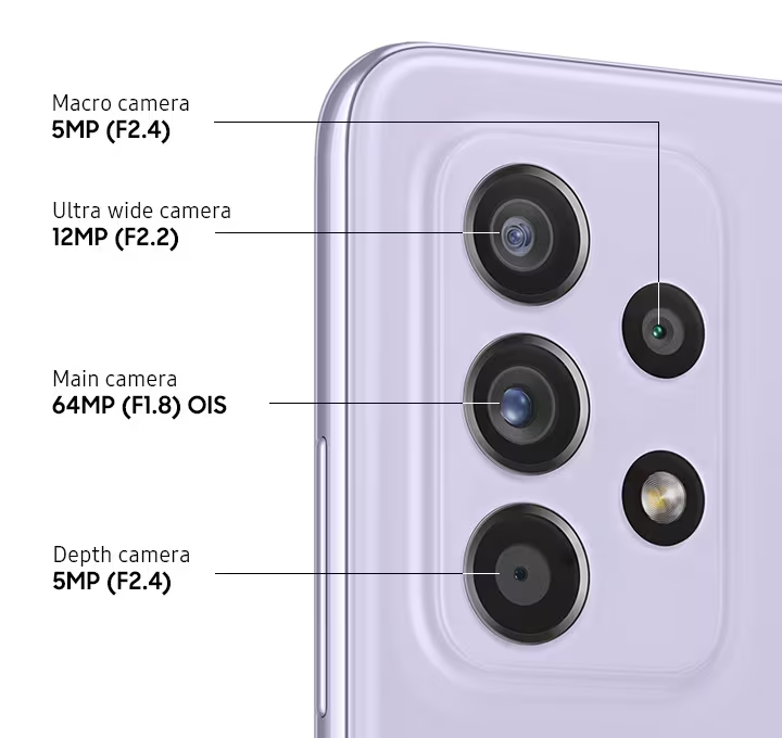 Le Samsung Galaxy A52s dispose de quatre caméras arrière. Cette configuration comprend un primaire de 64 mégapixels, un ultra-large de 12 mégapixels, une macro de 5 mégapixels et une caméra de profondeur de 5 mégapixels.