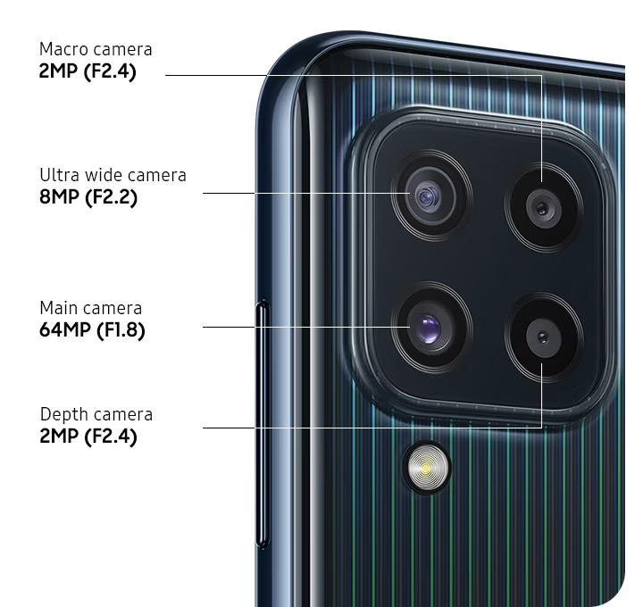 Le Galaxy M32 dispose d’une configuration à quatre caméras comprenant un vivaneau principal de 64 MP, un capteur grand angle de 8 MP, une macro de 2 MP et un capteur de profondeur de 2 MP.