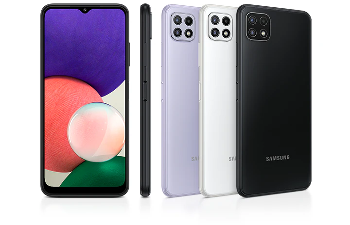 le Samsung Galaxy A22 à l'arrière contient une configuration à quatre caméras comprenant une caméra principale de 48 mégapixels avec une ouverture f/1.8.